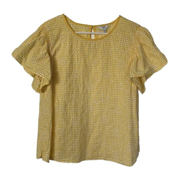 Crown & Ivy Yellow White Eyelet Gingham Size Large Short Sleeve Top Blouse - Picture 1 of 8